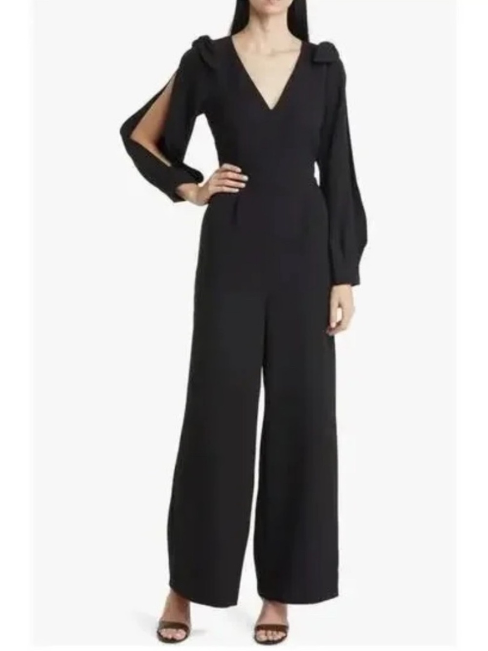 Eliza J Black V-Neck Wide-Leg Jumpsuit with Slit Sleeves and Bow Details